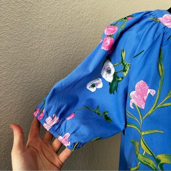 LOFT Garden Tie Neck Puff Sleeve Top Blue Size M - Picture 6 of 15